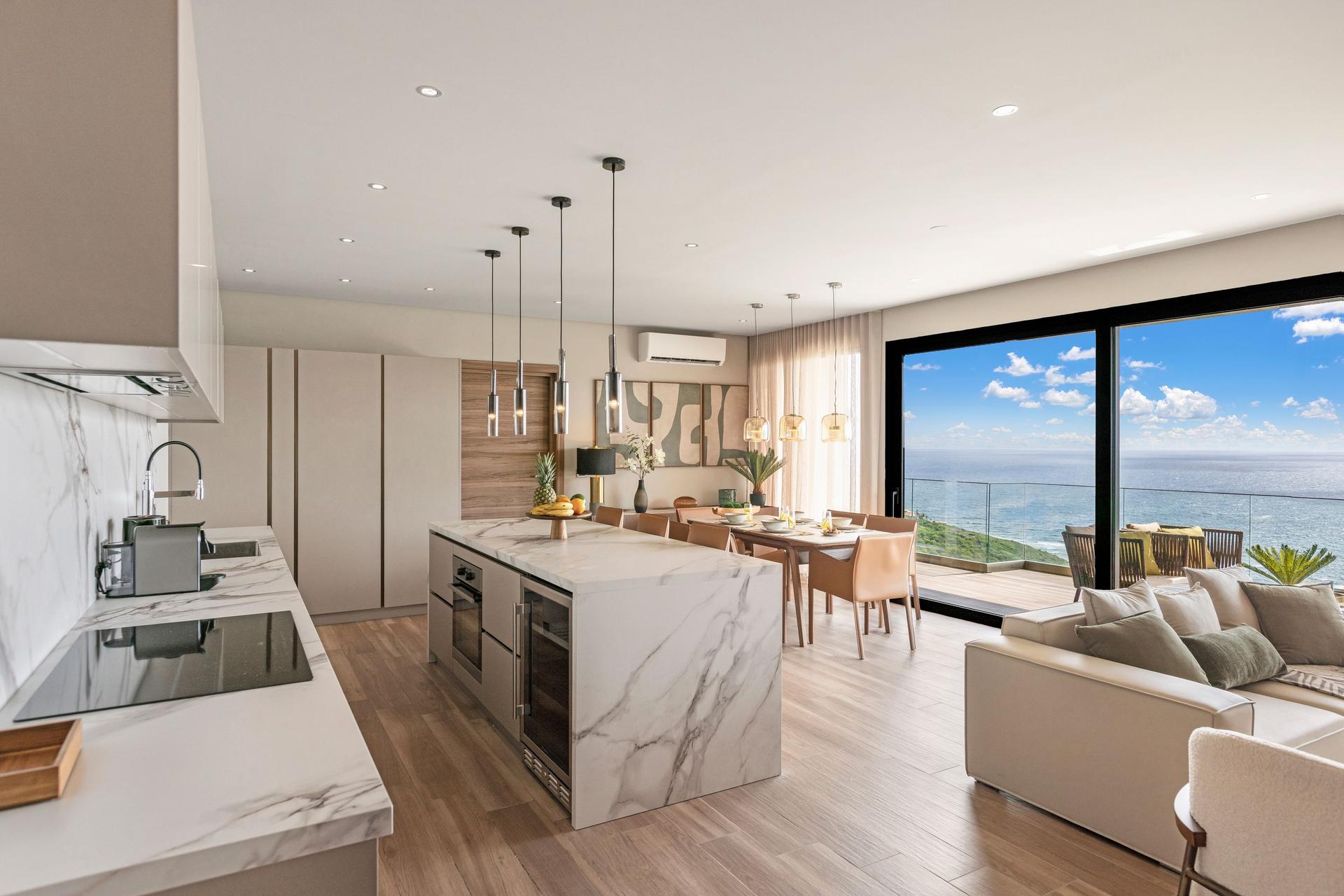 Panoramic Ocean-View Contemporary Apartment with Calacatta Marble Waterfall Island & Glass-Walled Terrace